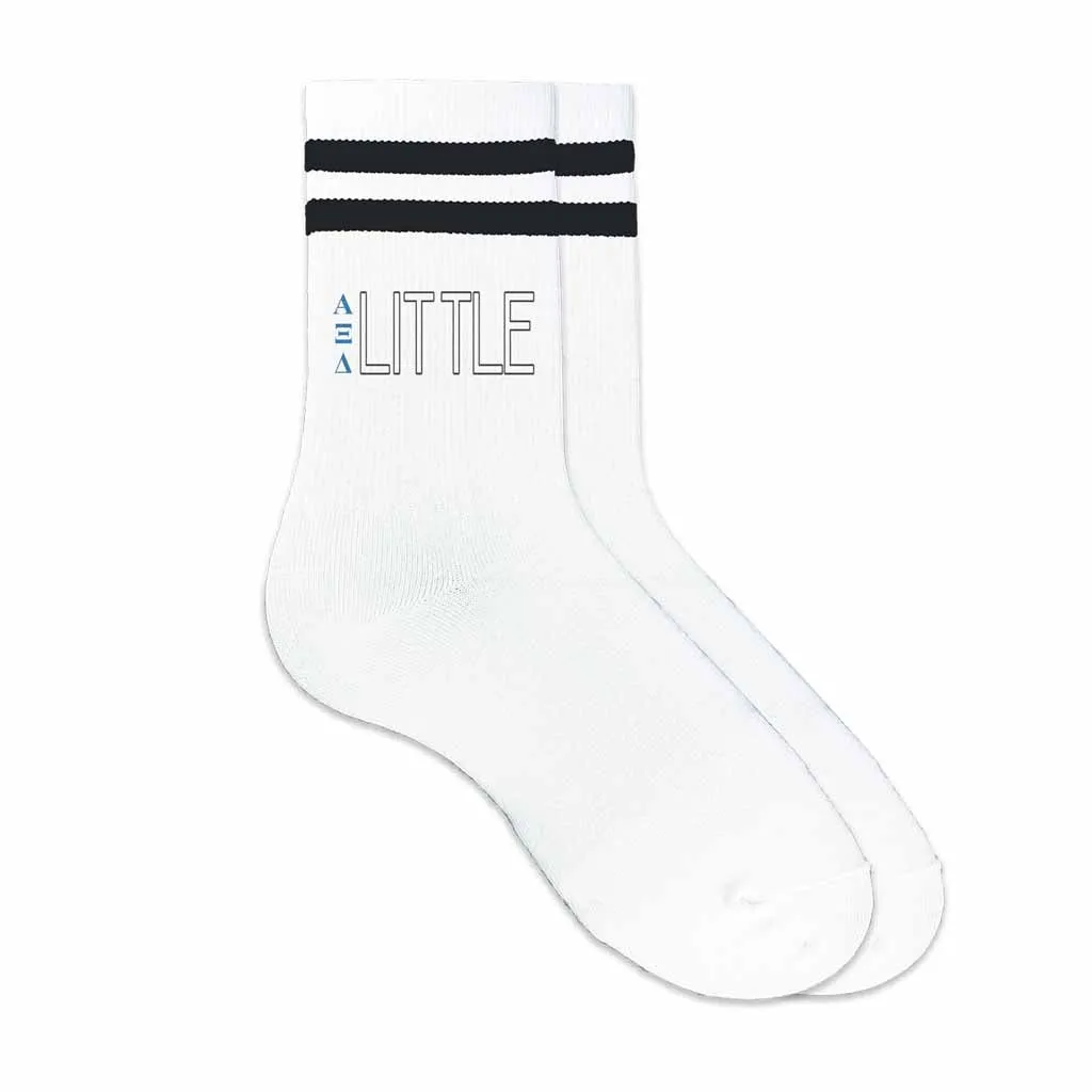 Alpha Xi Delta Sorority Socks for your Big and Little with Greek Letters on Striped Cotton Crew Socks