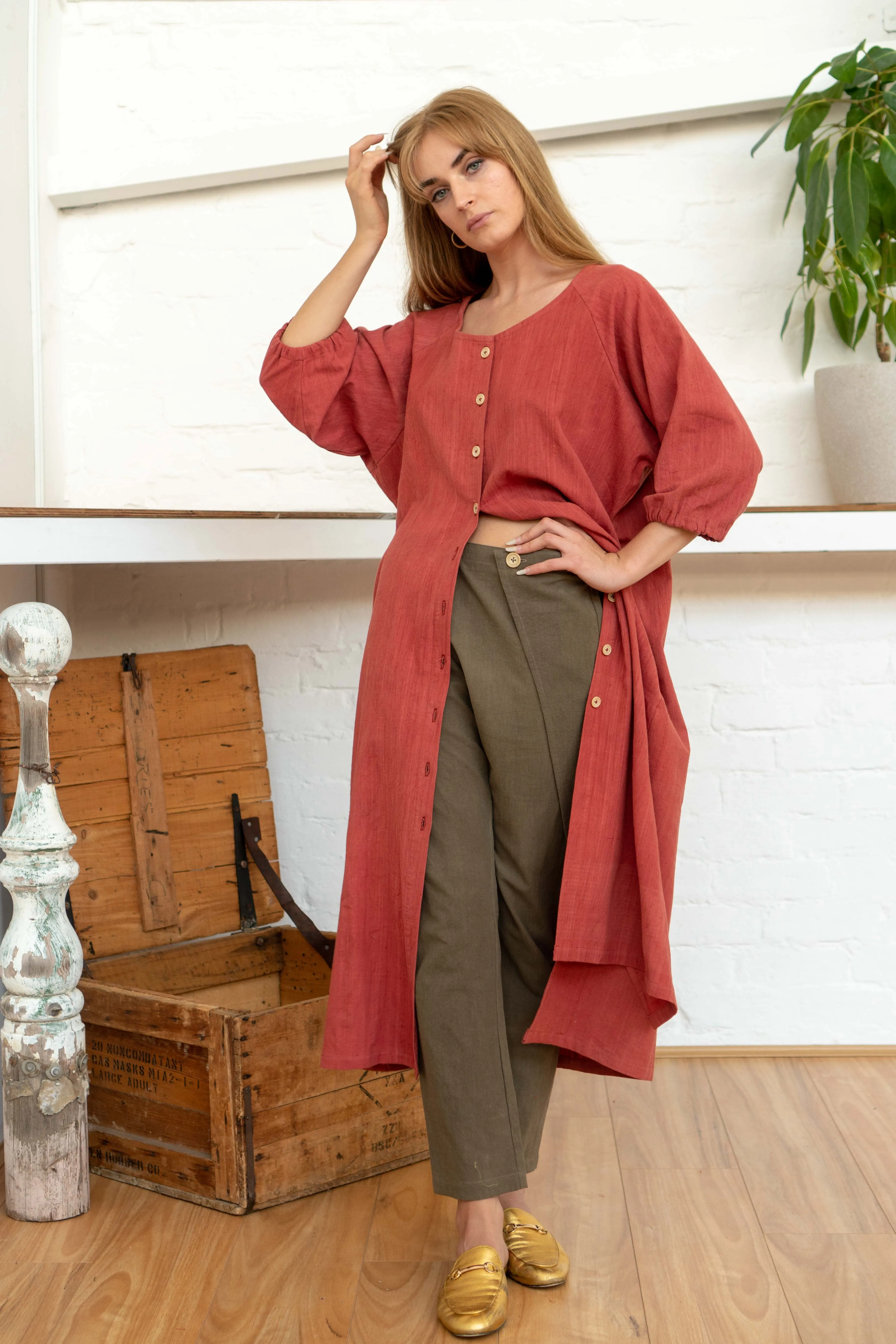 Buttoned Tie Long Dress Madder