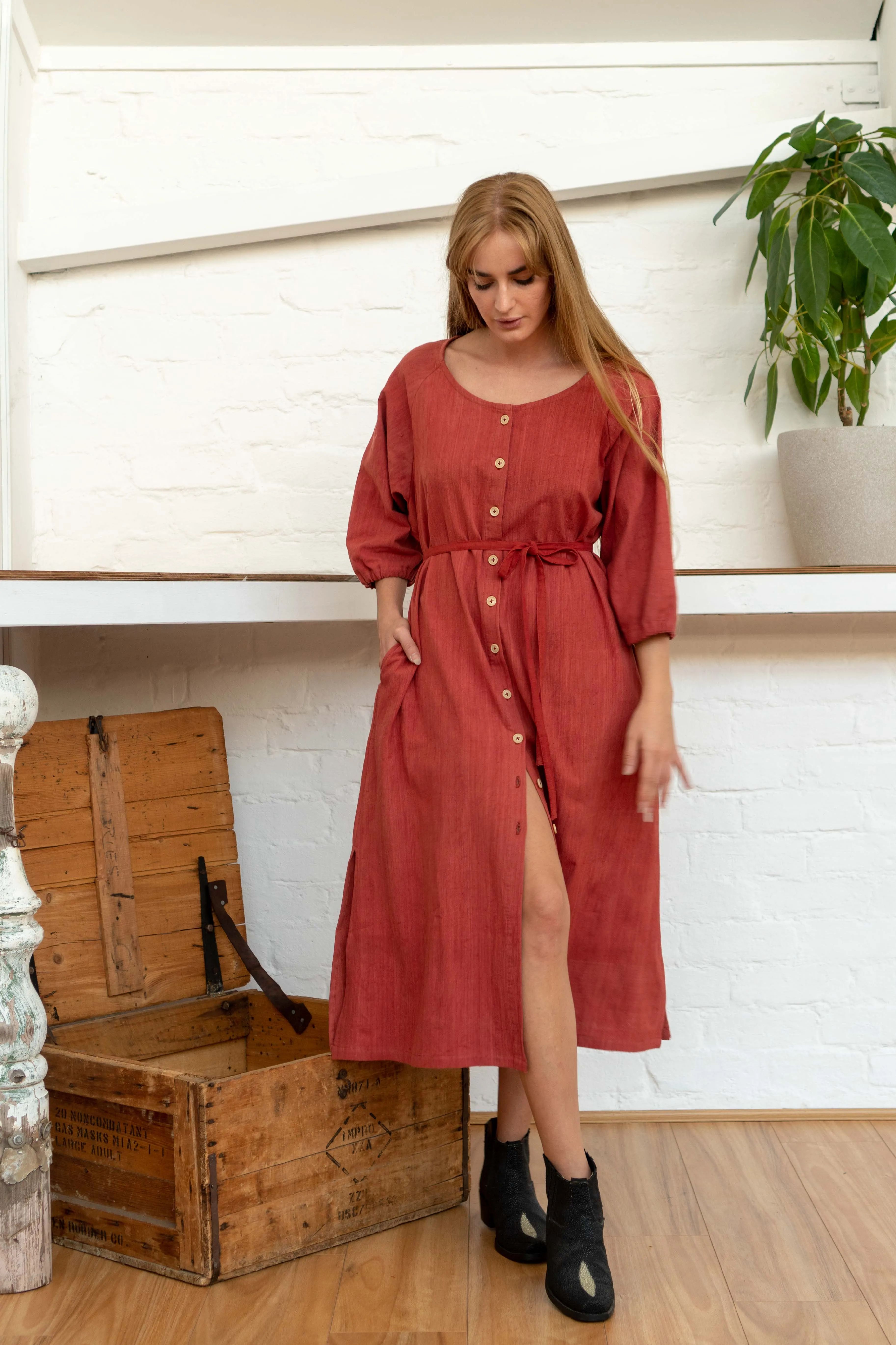 Buttoned Tie Long Dress Madder