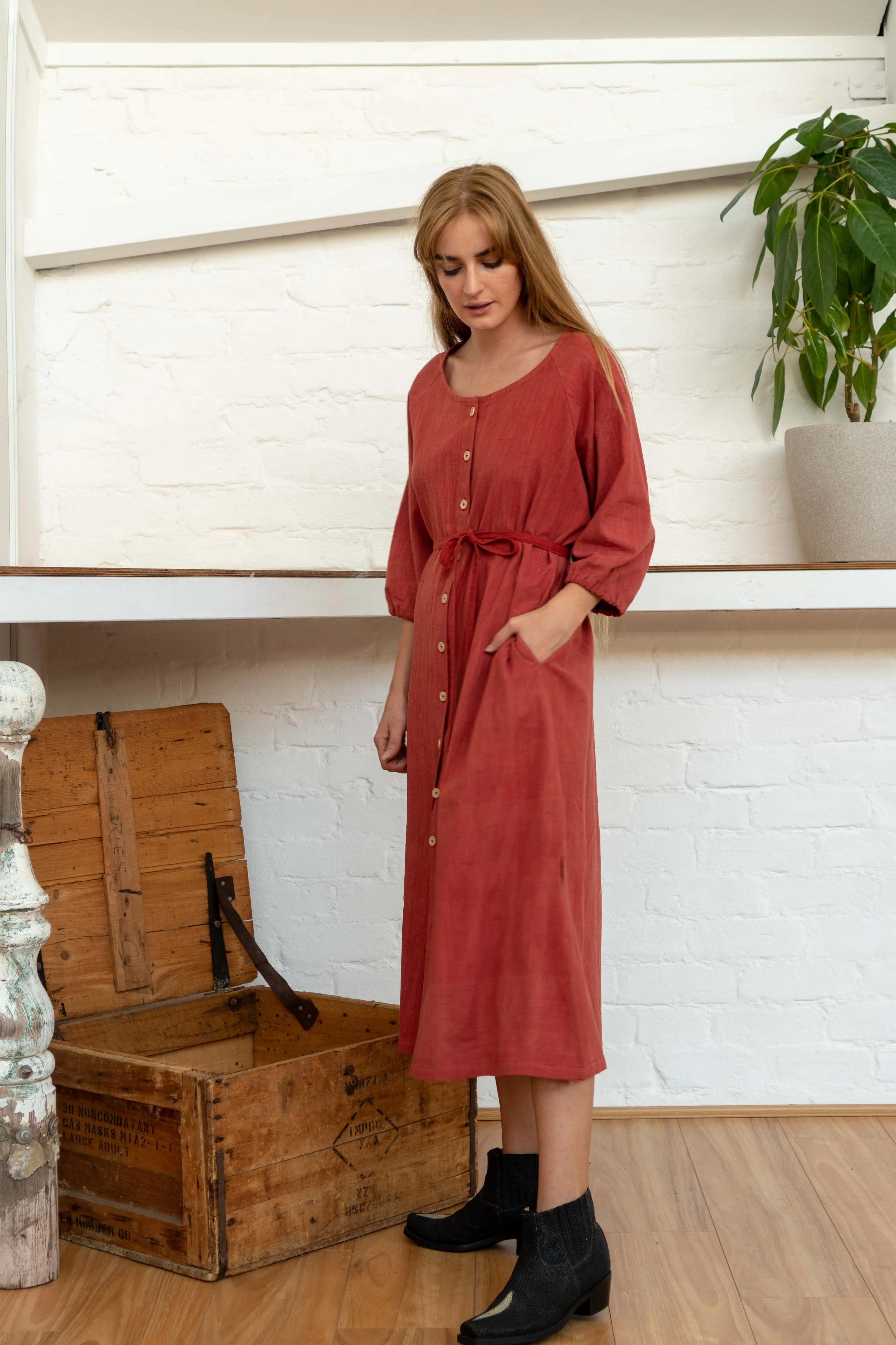 Buttoned Tie Long Dress Madder