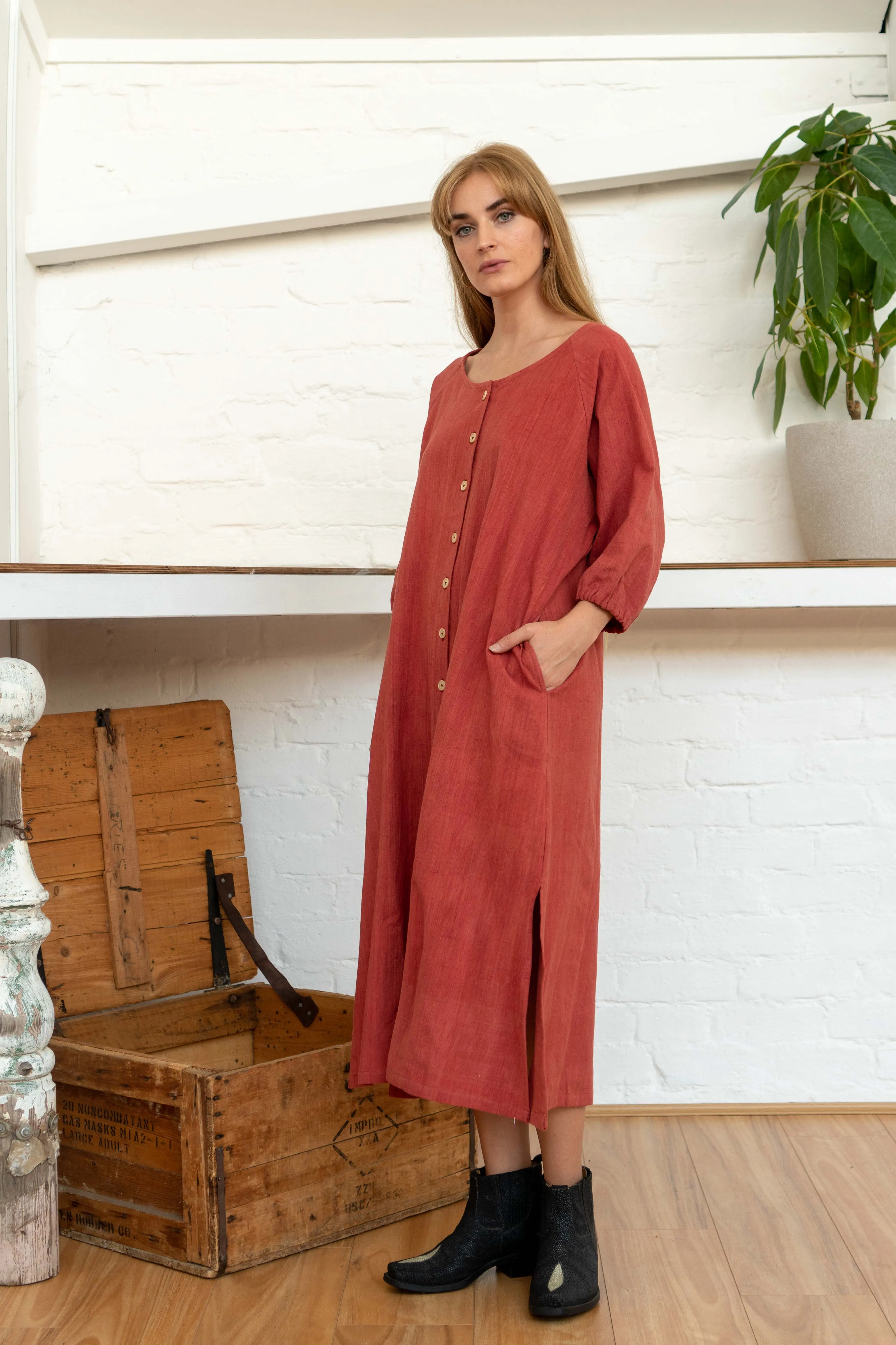 Buttoned Tie Long Dress Madder