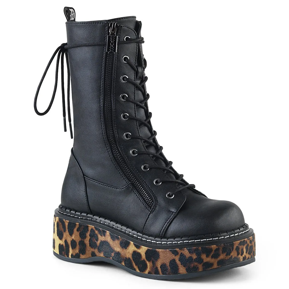 Demonia EMILY-350 | Black Leopard Vegan Leather Mid-Calf Boots