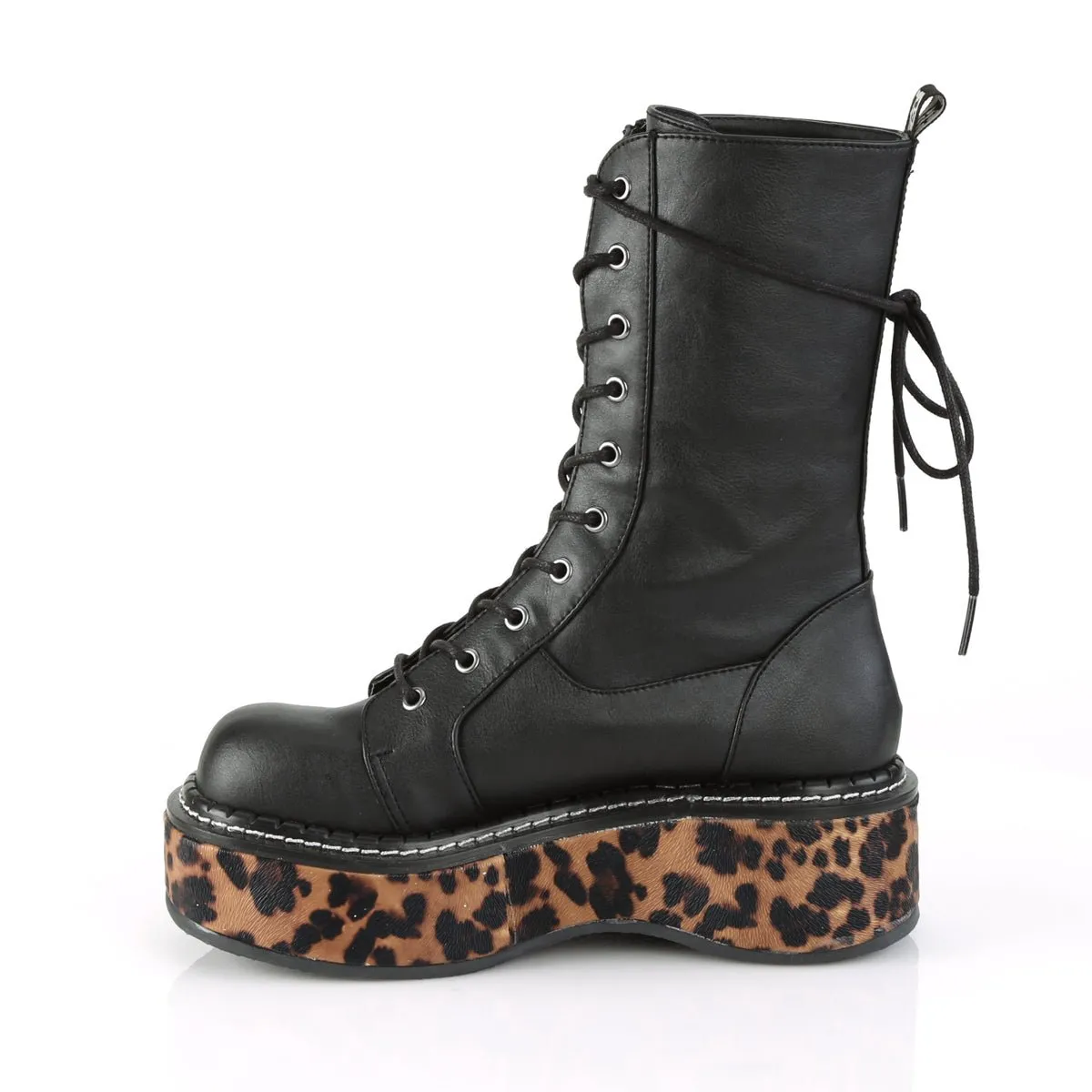 Demonia EMILY-350 | Black Leopard Vegan Leather Mid-Calf Boots