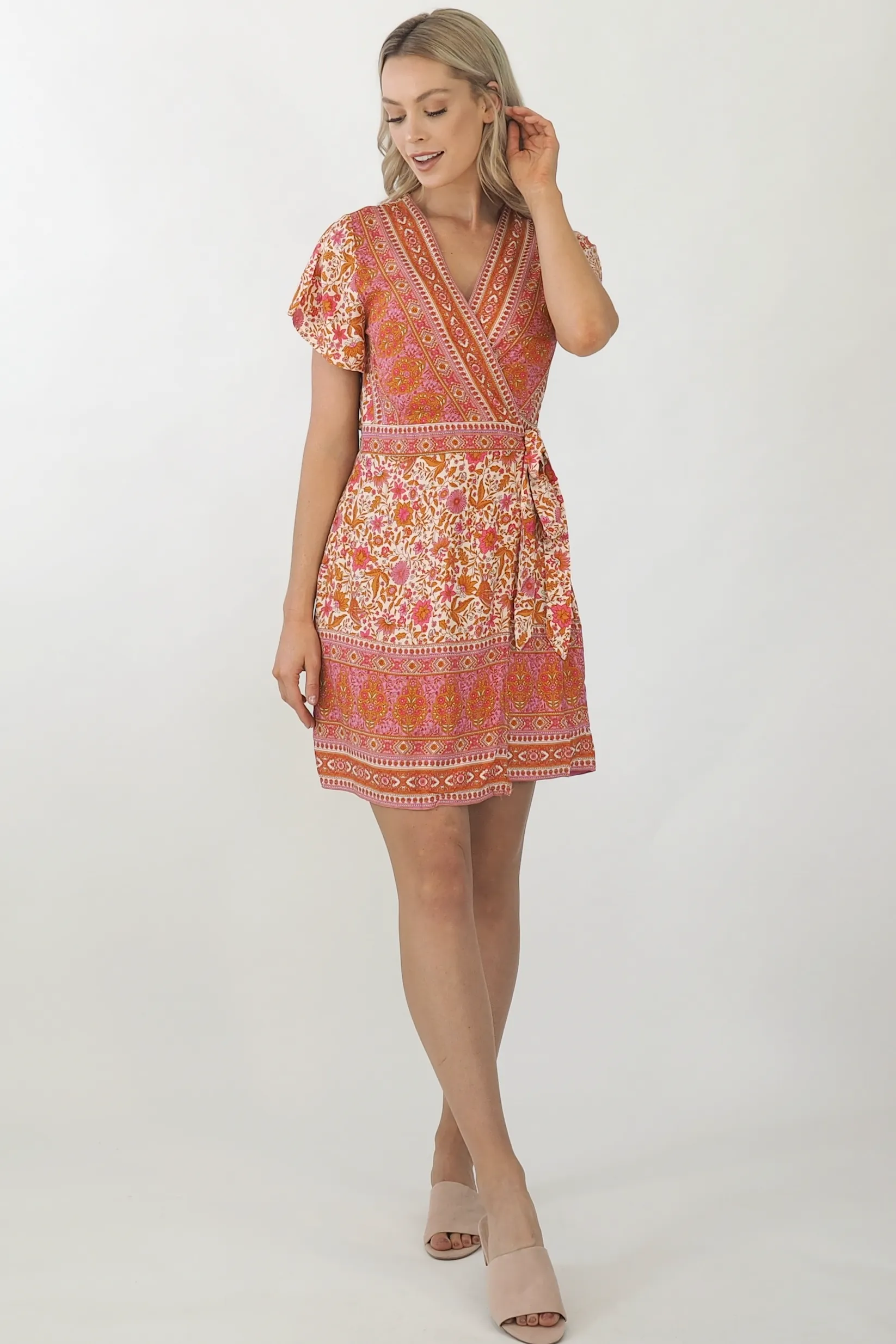 Isabella Paisley Wrap Dress-Pink/Bronze