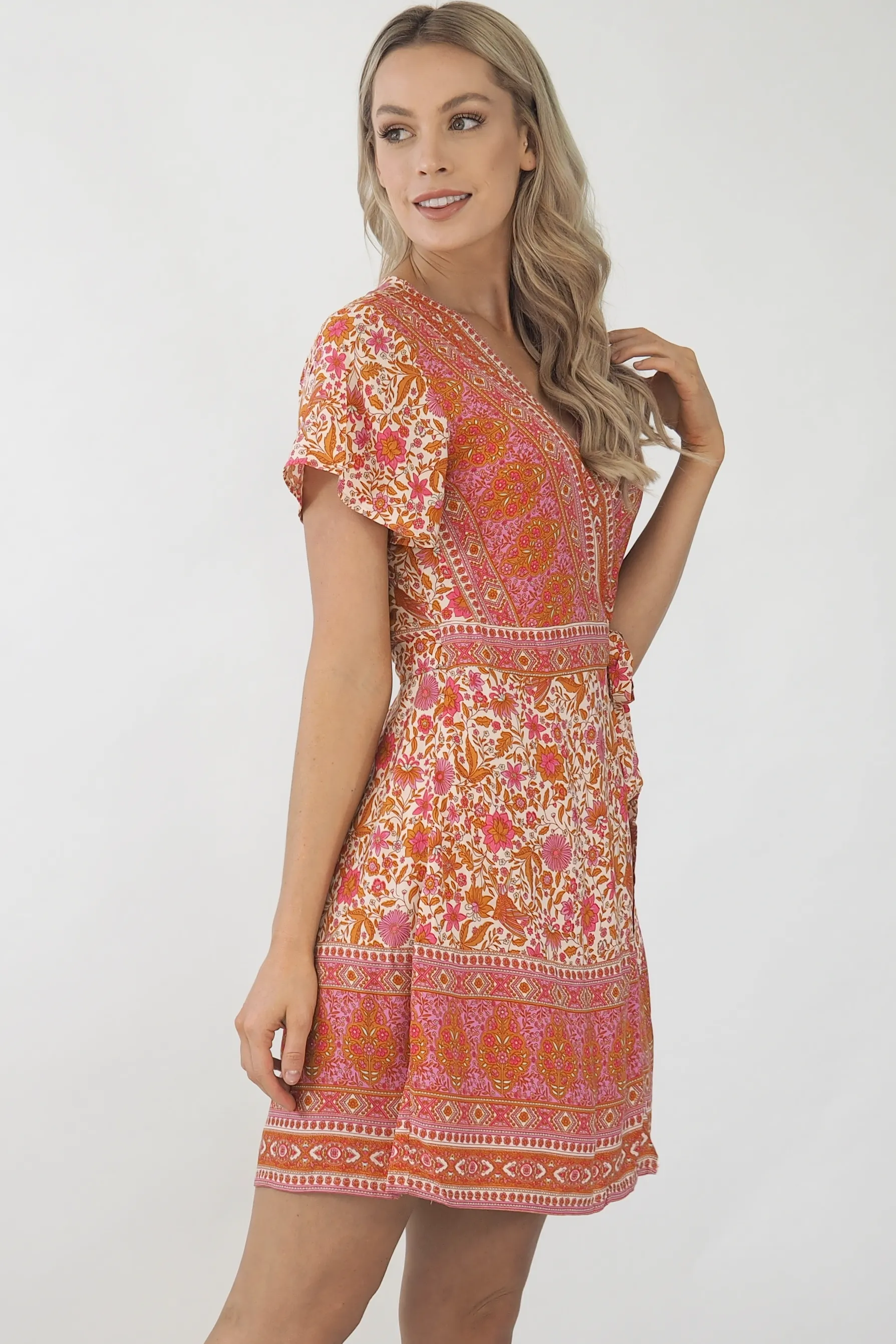 Isabella Paisley Wrap Dress-Pink/Bronze