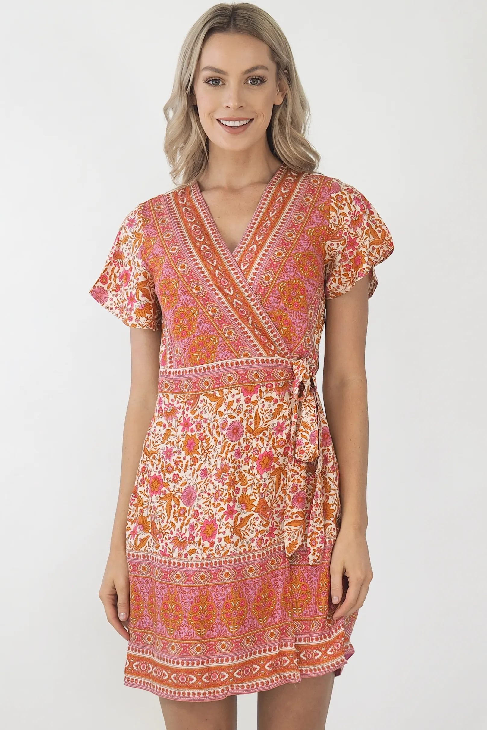 Isabella Paisley Wrap Dress-Pink/Bronze