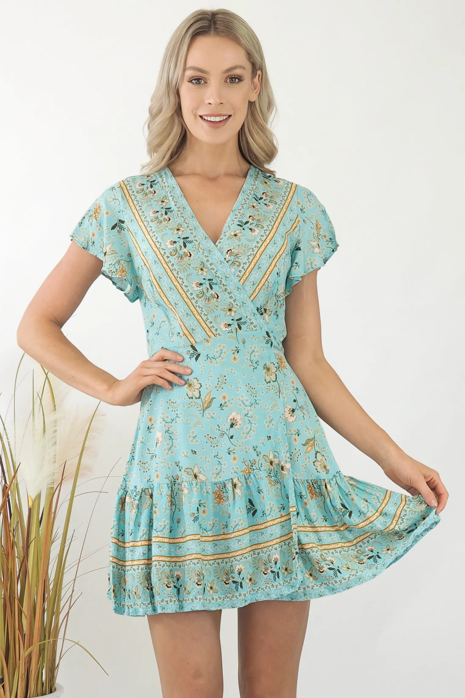 Isabella Paisley Wrap Dress- Sky Blue/Bronze