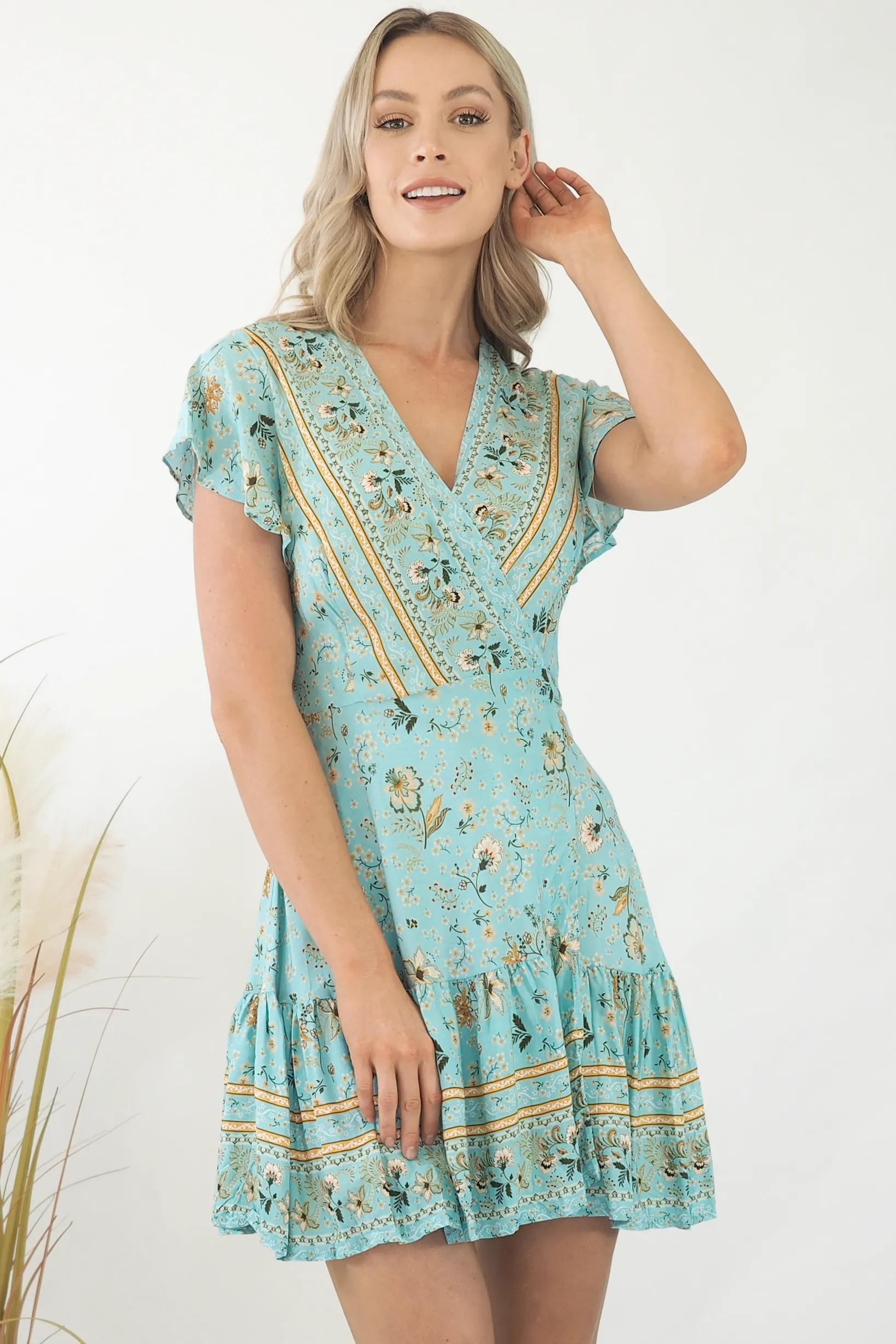 Isabella Paisley Wrap Dress- Sky Blue/Bronze