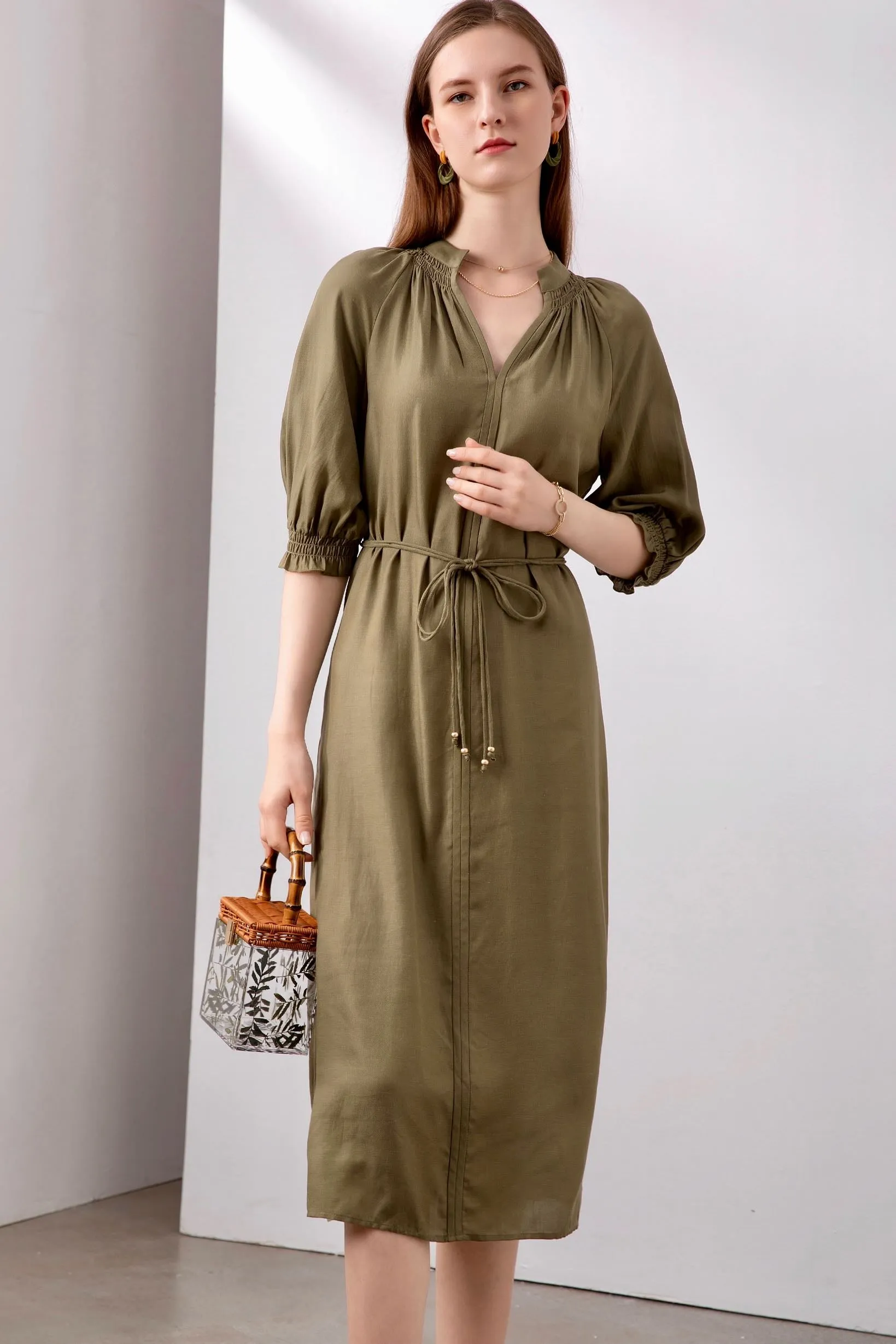 Jane Linen Midi Dress - Khaki