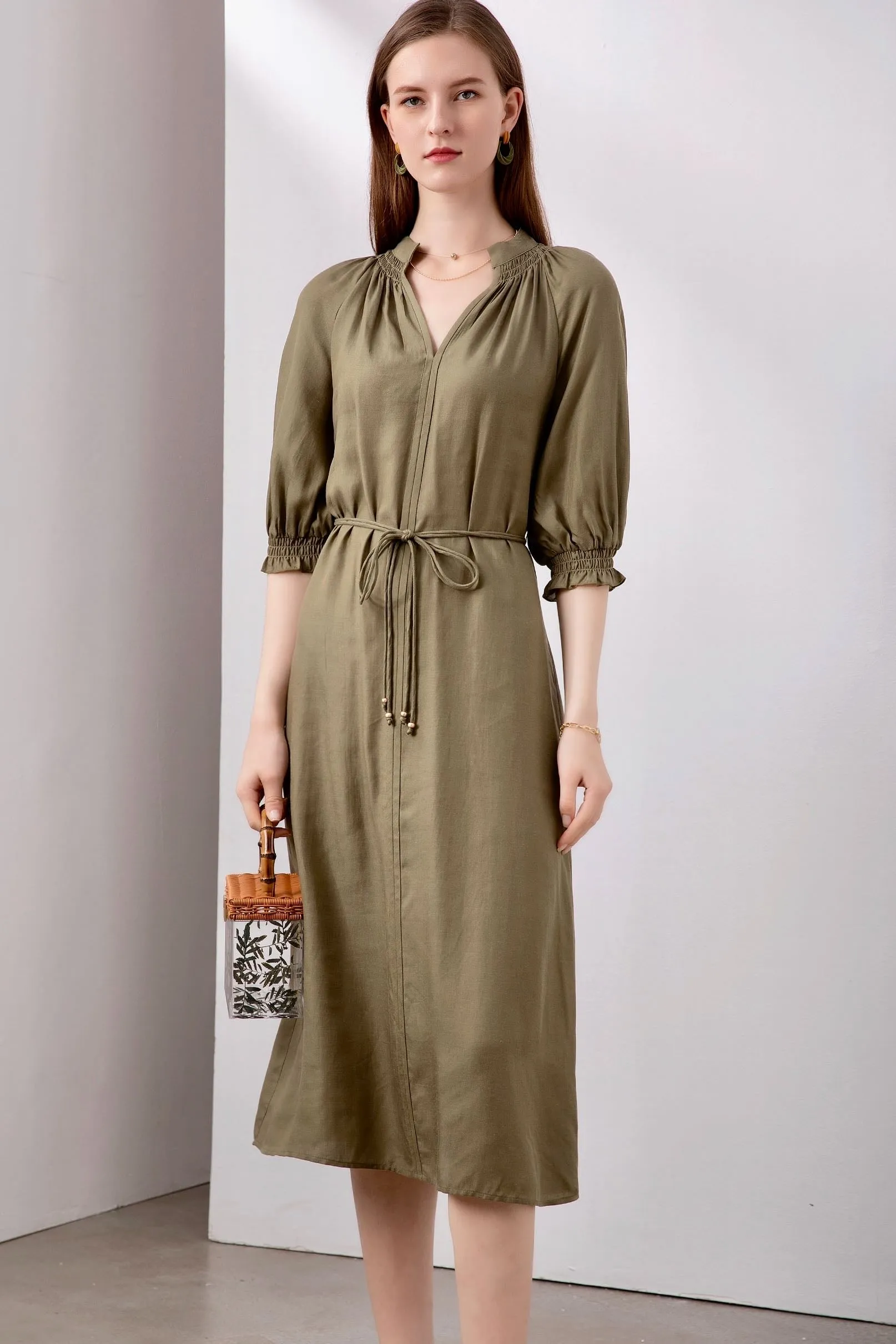 Jane Linen Midi Dress - Khaki