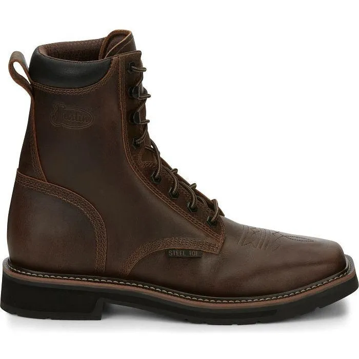 Justin Men's Pulley 8" Steel Toe Lace Up Western Work Boot -Brown- SE682