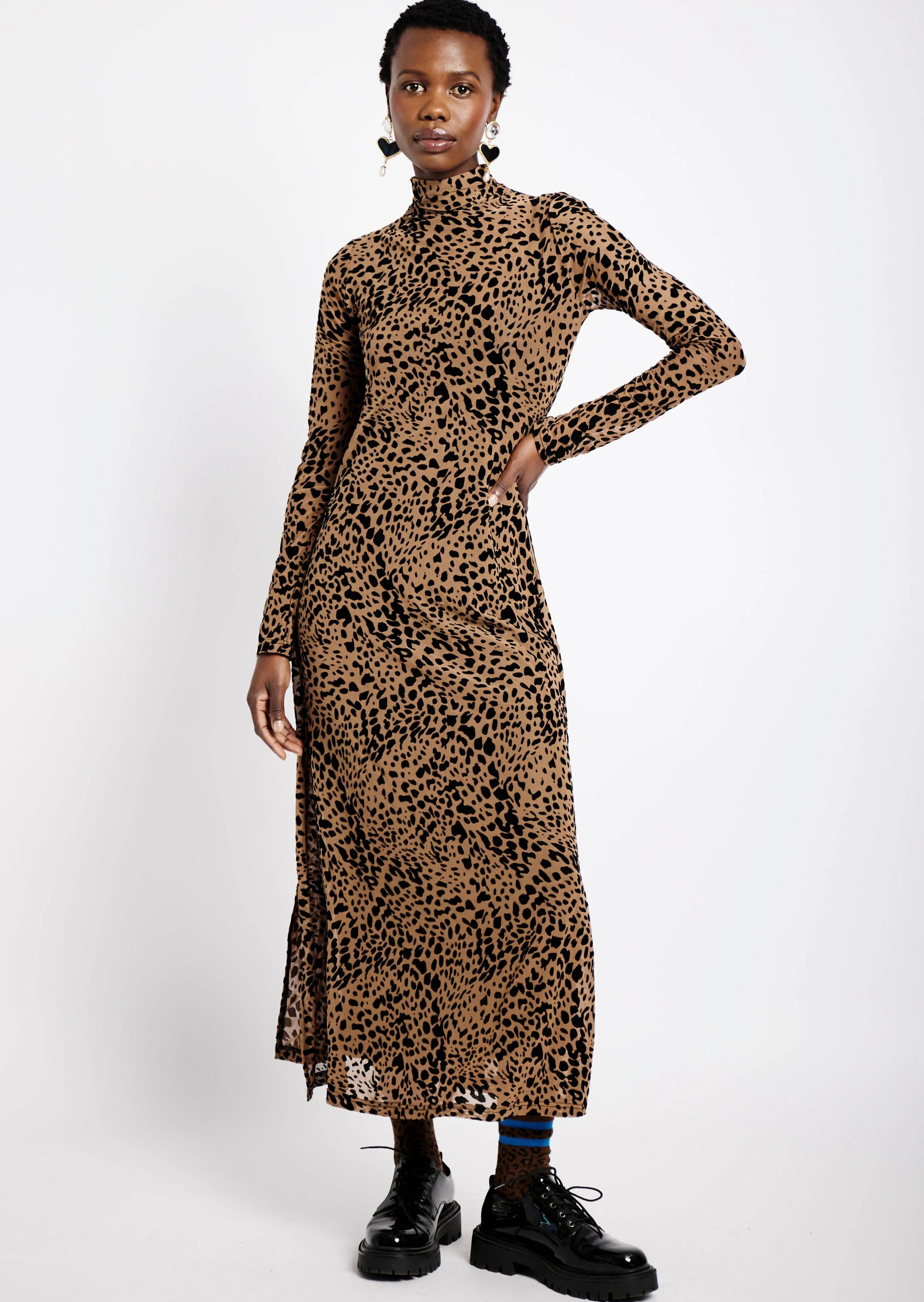 Long Sleeve Mesh Dress in Flocked Animal