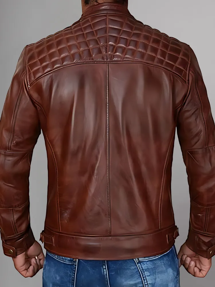 Mens Black and Maroon Quilted Cafe Racer Leather Jacket