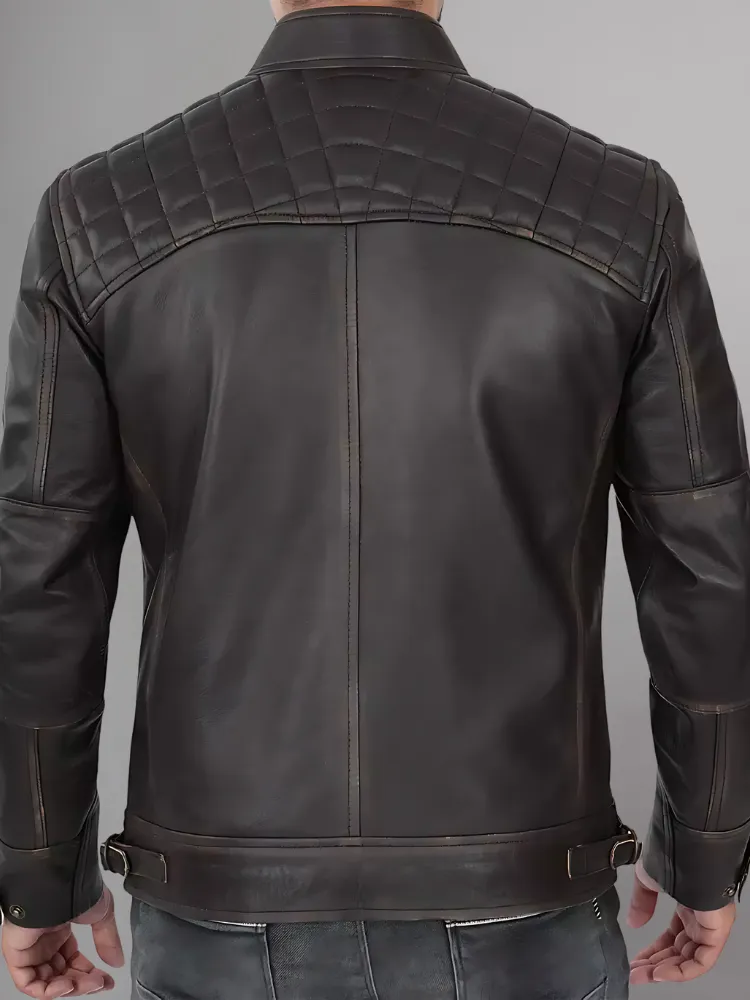 Mens Black and Maroon Quilted Cafe Racer Leather Jacket