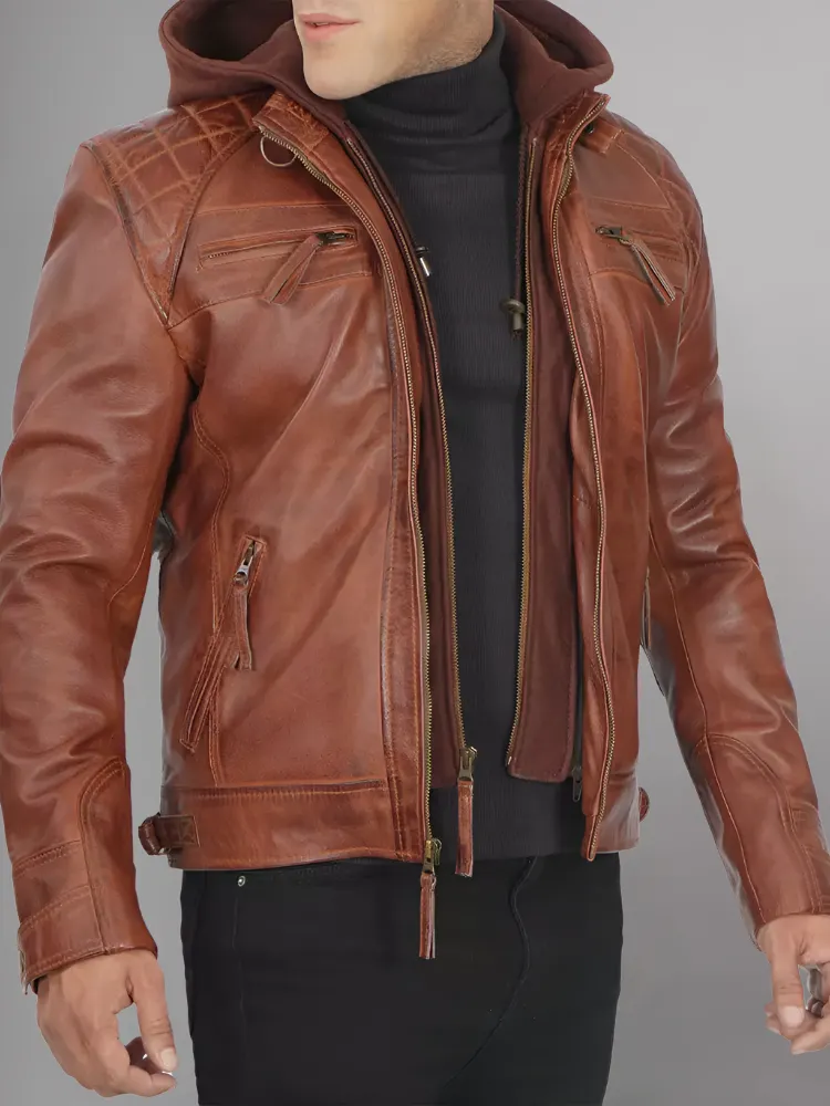 Mens Black and Maroon Quilted Cafe Racer Leather Jacket