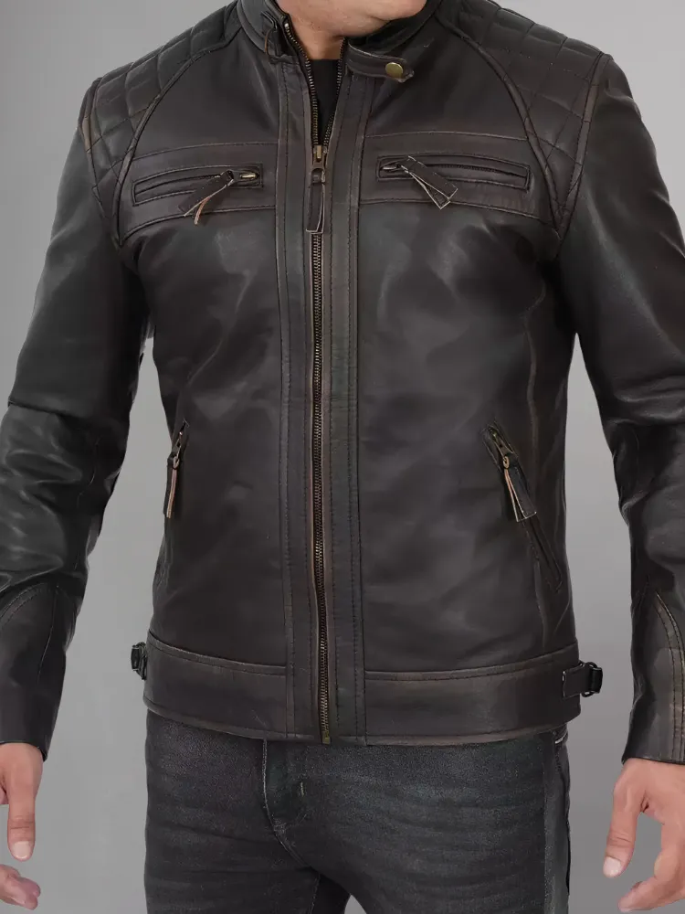 Mens Black and Maroon Quilted Cafe Racer Leather Jacket