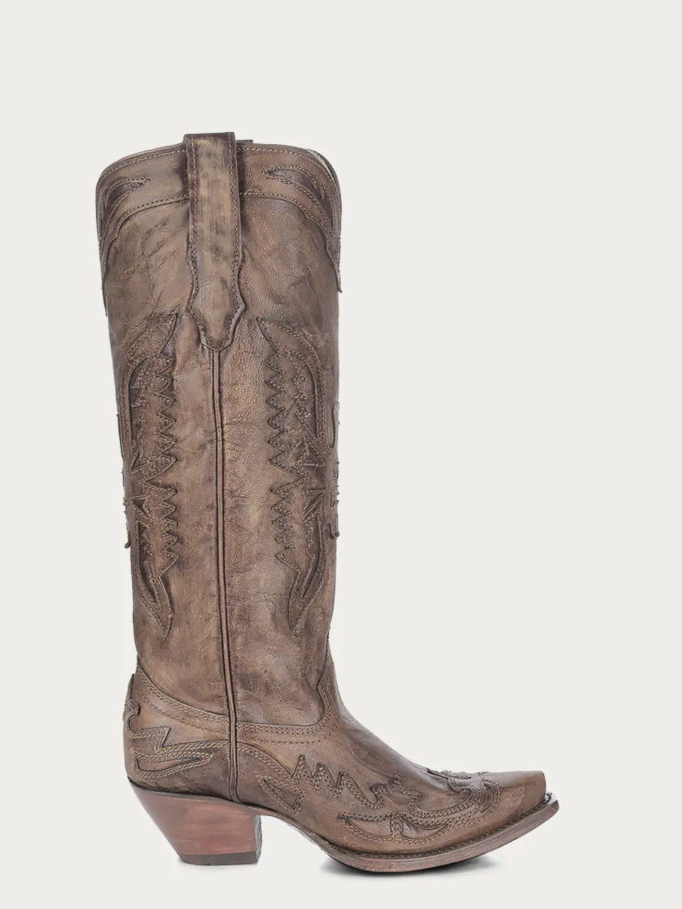 R2295 - WOMEN'S GOAT VINTAGE BROWN EAGLE OVERLAY SNIP TOE COWBOY BOOT