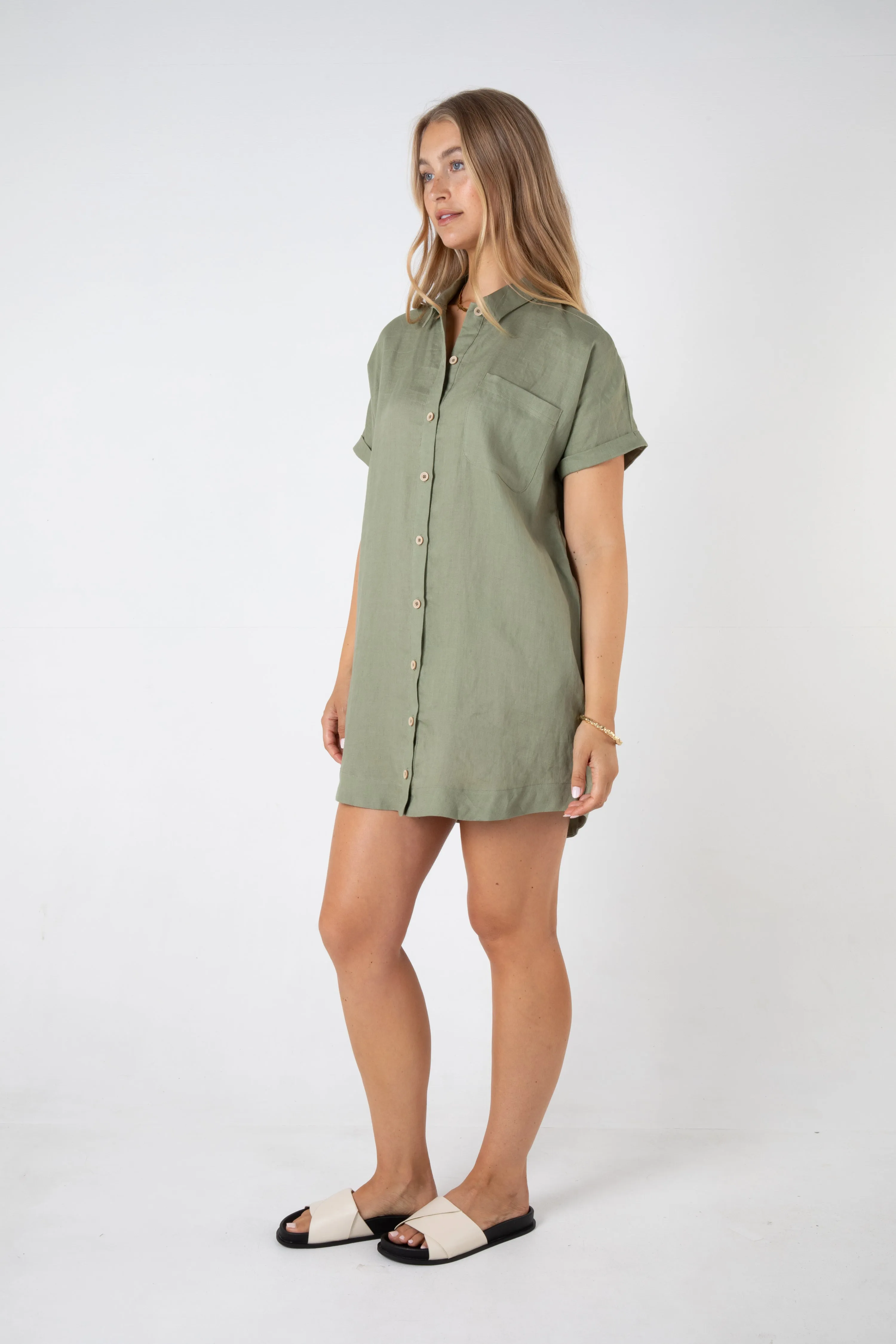 RAYLEIGH LINEN SHIRT DRESS - SAGE