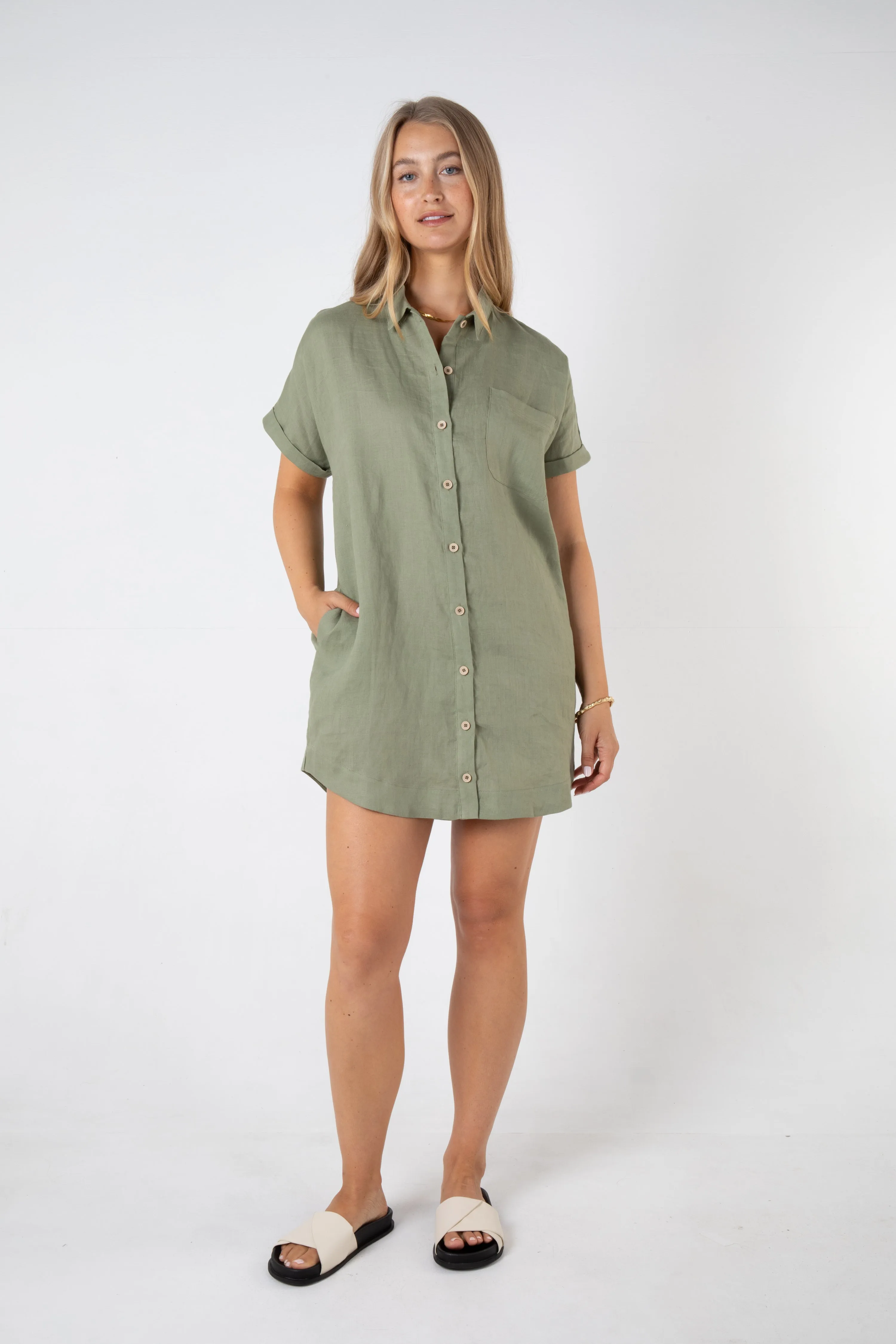 RAYLEIGH LINEN SHIRT DRESS - SAGE