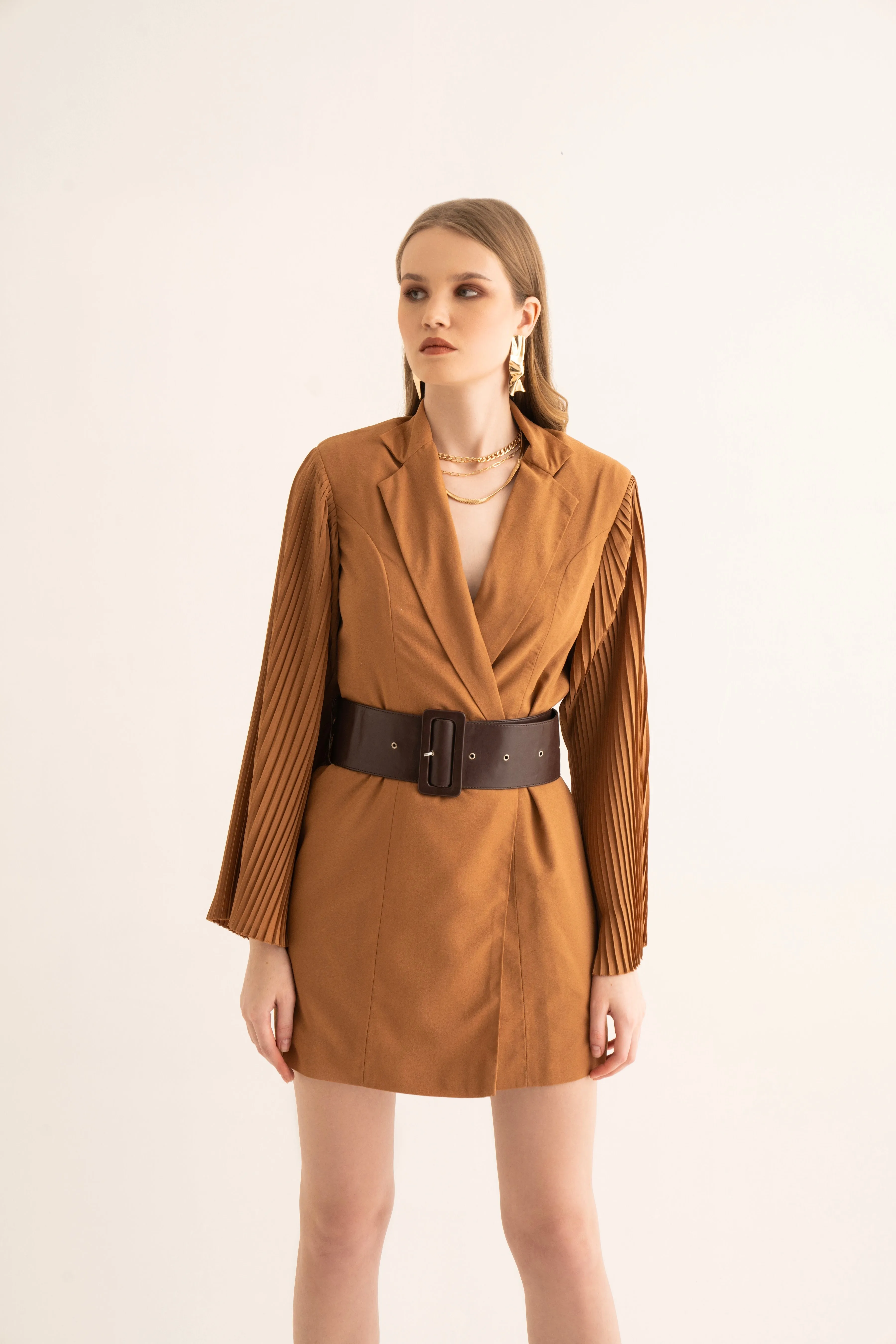 Sand Beige Pleated Sleeves Blazer Dress